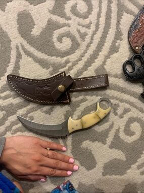 Bone Handle Karambit Knife with Brown Leather Sheath